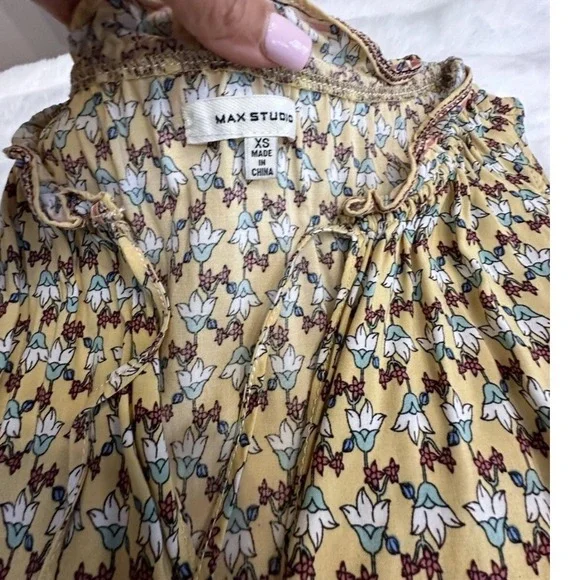 Max Studio Yellow Floral Tiered Mini Dress Sleeveless Boho Tie Neck XS - Picture 4 of 7